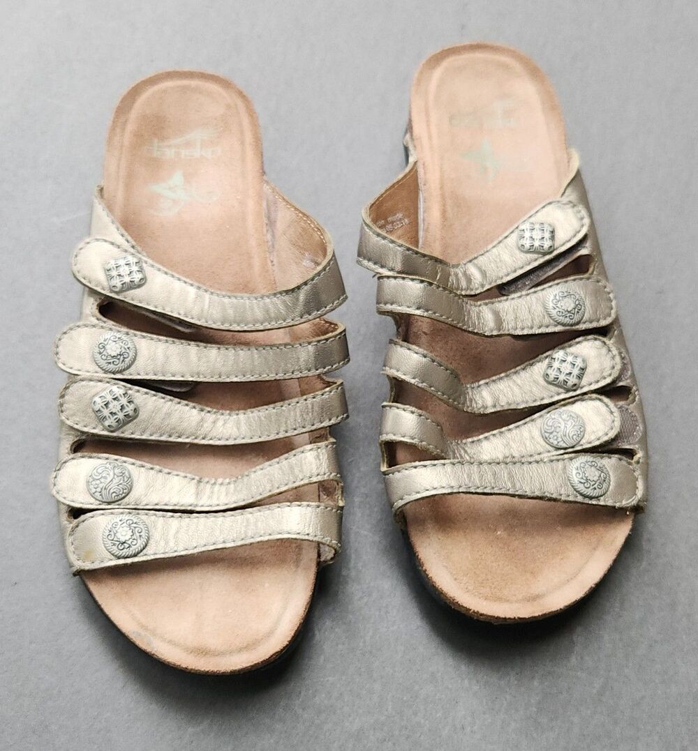 Dansko Janie Metallic Bronze Leather Multi-Strap Slide Sandals Women's Size 41